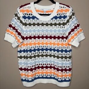 Cato Womens Large Short Sleeve Crochet Knit Striped Cotton Sweater